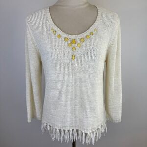 Lark Lane Cream Knit Gemstone Embellished Fringe Hem Sweater Womens Medium Ivory